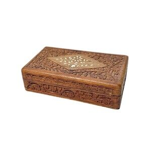 Vtg India Wood Hand Carved Box Floral Inlay Purple Lined Divider Trinket Jewelry